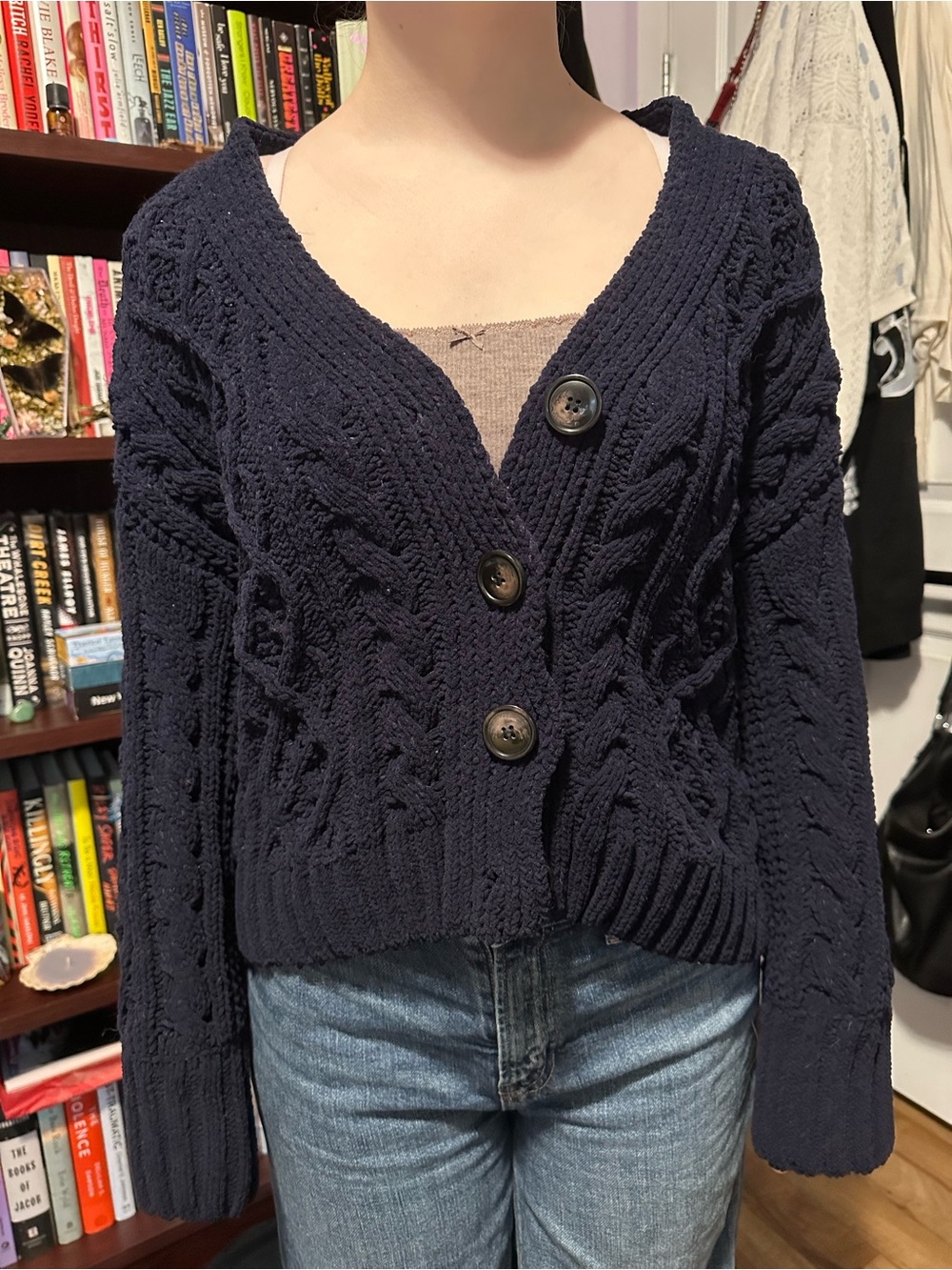 Oversized Cable Knit Button-Front Women's Sweater Cardigan - Navy